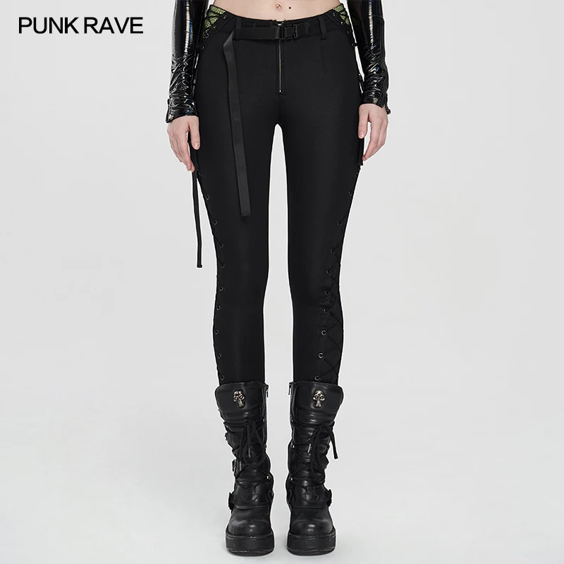 PUNK RAVE Women's Punk stretch leggings female casual trouser slim elastic rope strap Trousers Waist Side Yellow-green Splicing