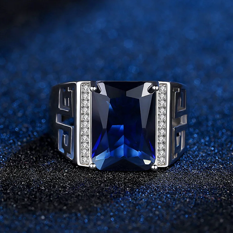 Фото Классическое мужское посеребренное кольцо властная квадратная огранка Синий