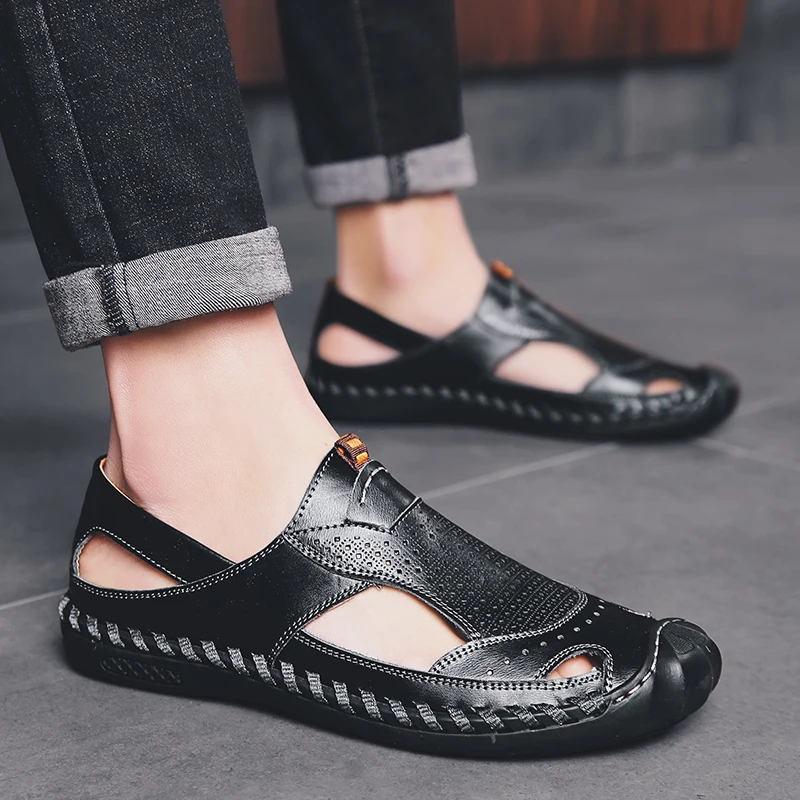 Мужские летние сандалии из натуральной кожи Нескользящие пляжные ручной