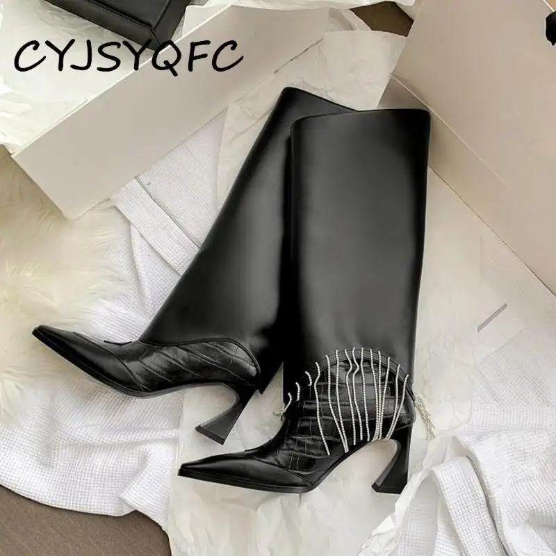 

CYJSYQFC Autumn Knee High Boots For Women High Heels Party Shoes Luxury Brand Genuine Leather Removable Rhinestones Long Boots
