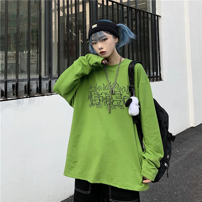 Lychee Harajuku, чистый цвет, длинный рукав, женская футболка, пламя, буквенный принт, осень, женская футболка, свободная, зеленая, женская футболка