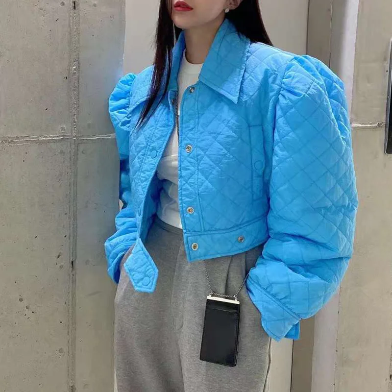 

Парка женская в Корейском стиле, однобортная Свободная куртка с лацканами и длинными рукавами-фонариками, синяя одежда на осень