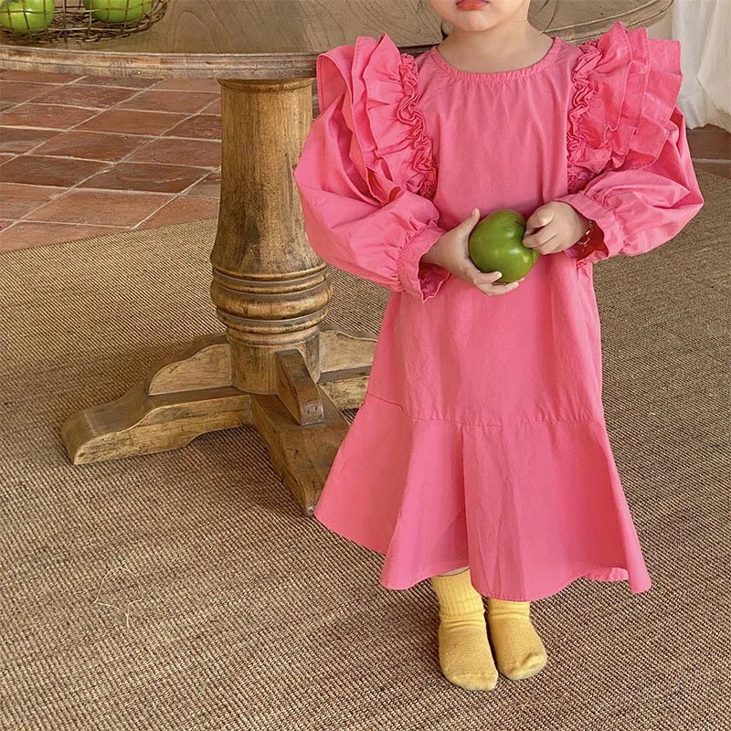 

Демисезонное платье для девочек, детское платье, детские платья, одежда, многослойные летающие рукава, с оборками, хлопковое однотонное пла...