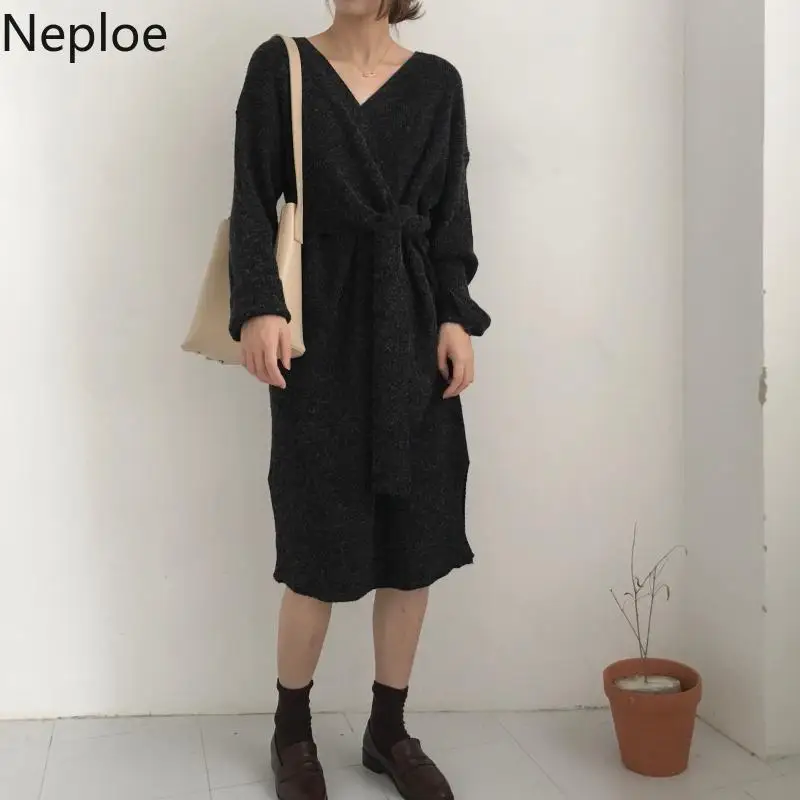 Neploe V Neck Slim Waist Lace Up Sweater Dress Autumn Loose Solid Maxi Vestido Cardigan Sueter Mujer Invierno 2020 46149 | Женская