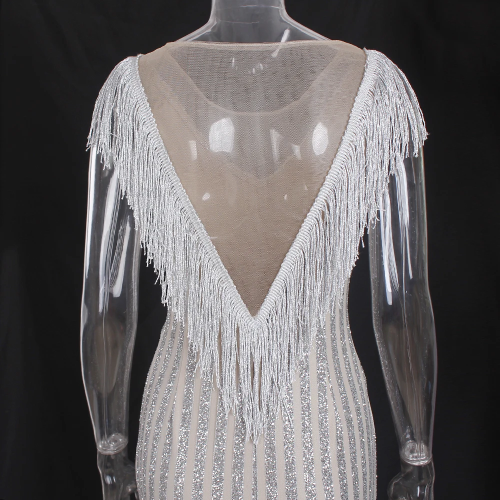 Блестящее платье макси с бахромой и V образным вырезом сетчатое лоскутное