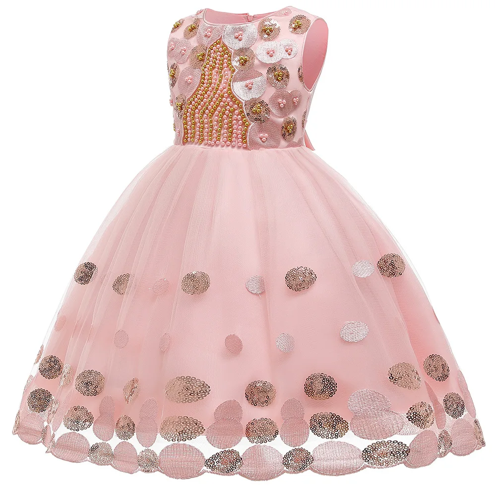 

Cheap Flower Girls Dresses For Weddings Pink Beaded Birthday Children Girl Pageant Gown 2021