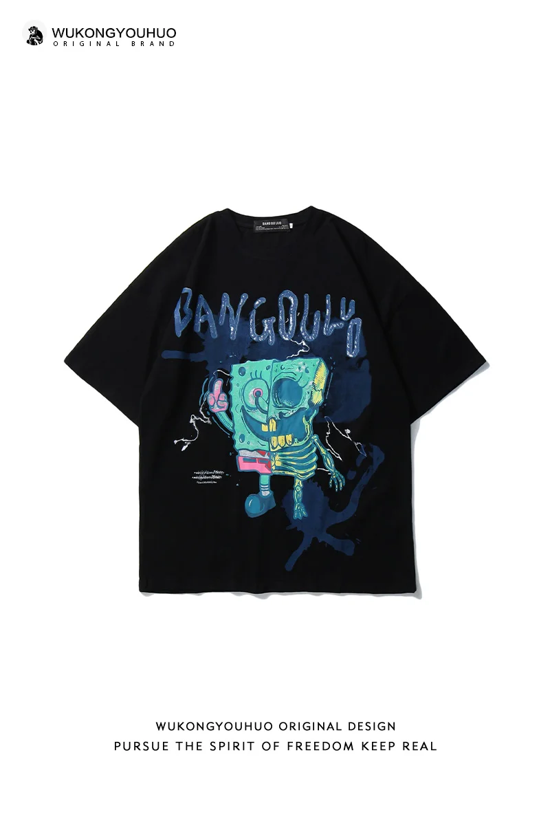 

WHOHOLL Gothic Punk T-shirt Cartoon Print Short Sleeve T-shirt For Men's Street Loose Lovers Casual Women Tops Tee