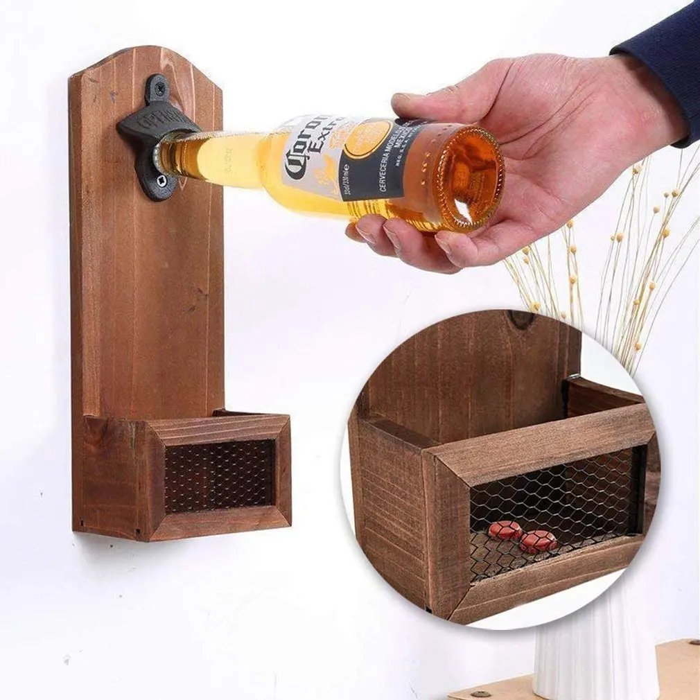

Wall-Mounted Beer Bottle Opener Retro Color Beer Corkscrew Wooden Corkscrew Wall-Mounted Cast Iron Opener