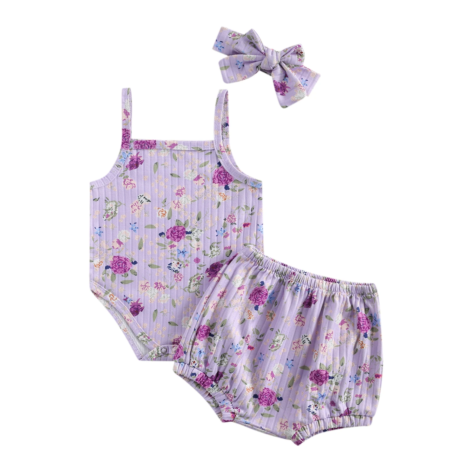 

2021 Summer Infant Baby Newborn Baby Girls 3-piece Outfit Set Sleeveless Floral Print Romper+Shorts+Headband Set