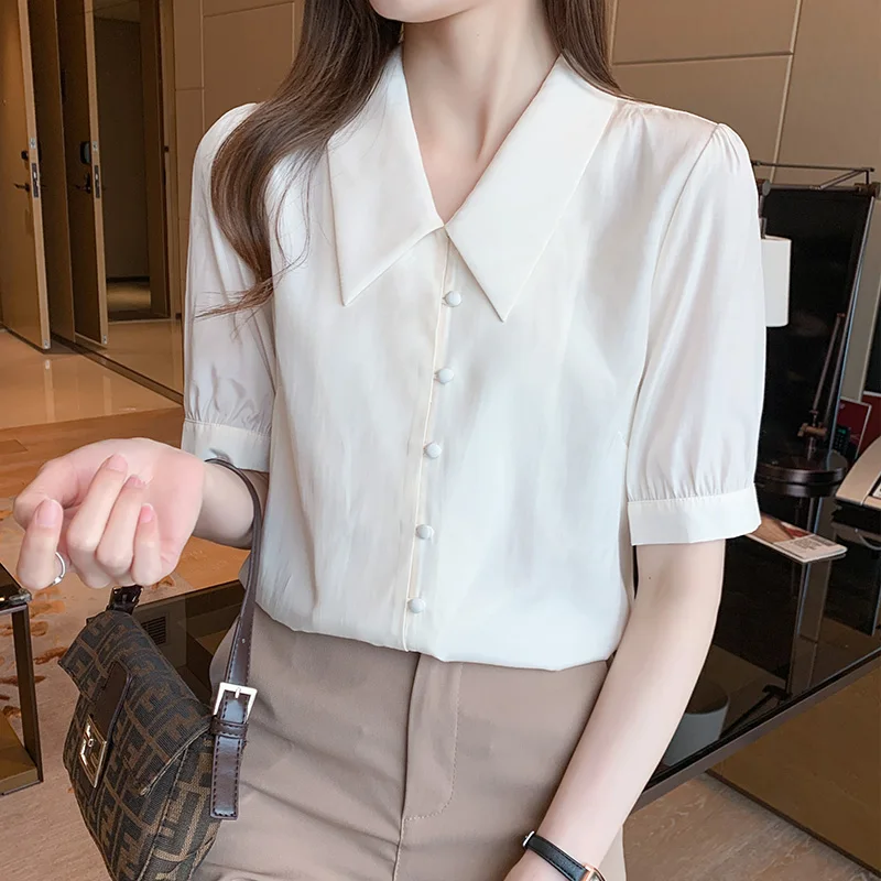 

French New Women's Shirt Classic Chiffon Blouse Female Plus Size Loose Short sleeve Shirts Lady Simple Style Tops Clothes 2021
