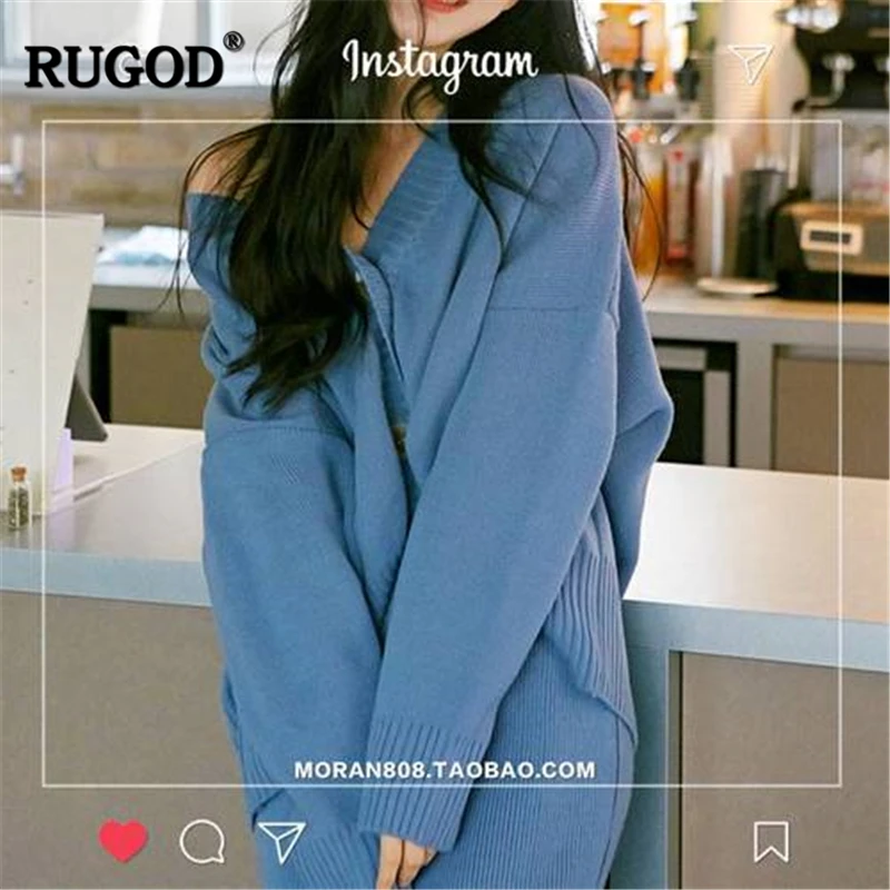 Женский вязаный костюм RUGOD Однотонный свитер с длинным рукавом и v-образным