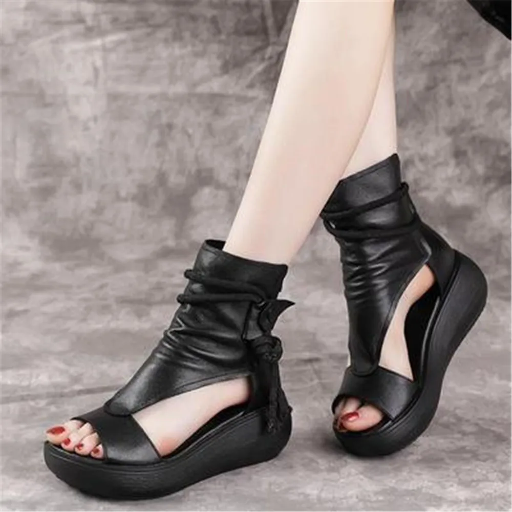 

Сандалии женские кожаные на толстой подошве, дышащие удобные босоножки на платформе, римские, черные, коричневые, Размеры 35-40, лето