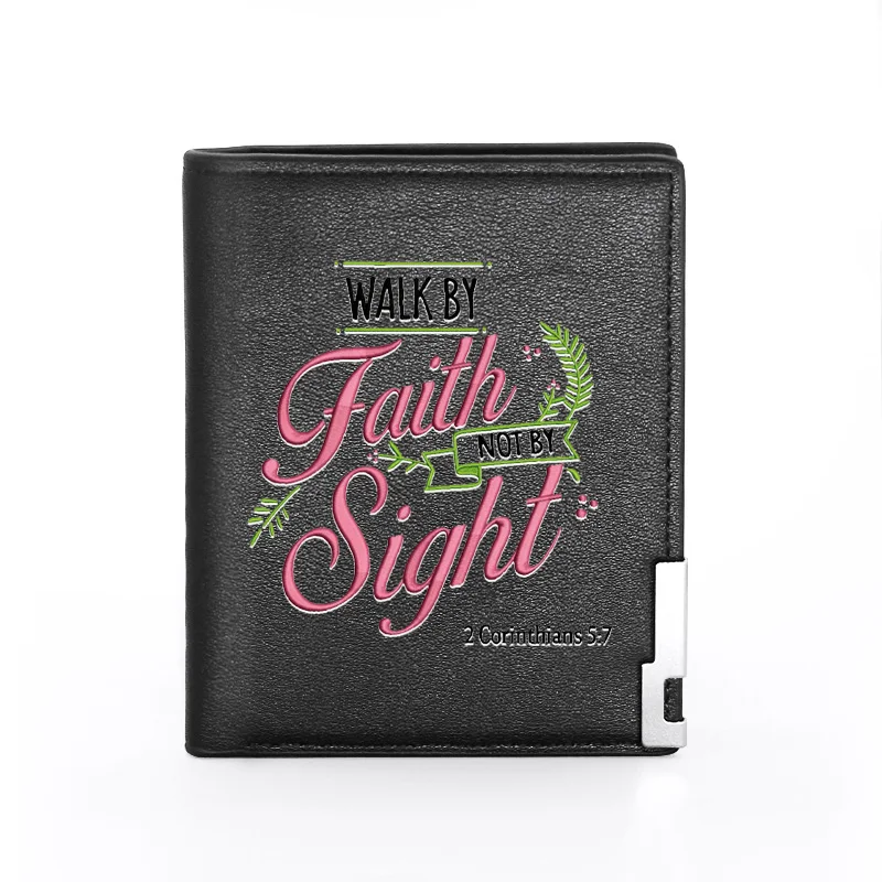 

Bible Verses Walk By Faith Not By Sight Printing Leather Wallet Men Women Bifold Credit Card Holder Short Purse Male