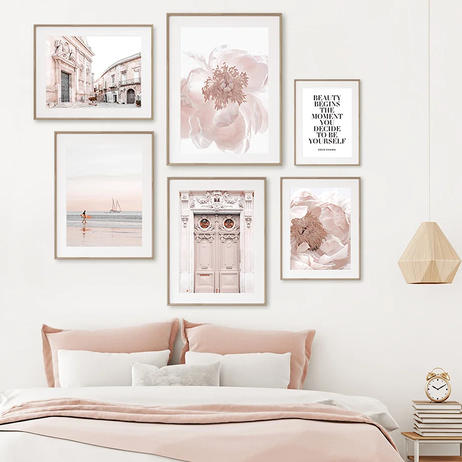 Настенная Картина на холсте розовые пионы ворота улица пляж цитаты