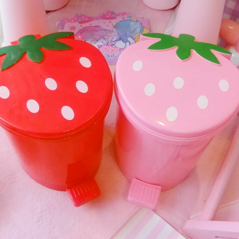

Cute Pink Red Strawberry action figure printed Waste Bin Desktop Portable Garbage Basket Home Bedroom Storage Bucket Trash Can