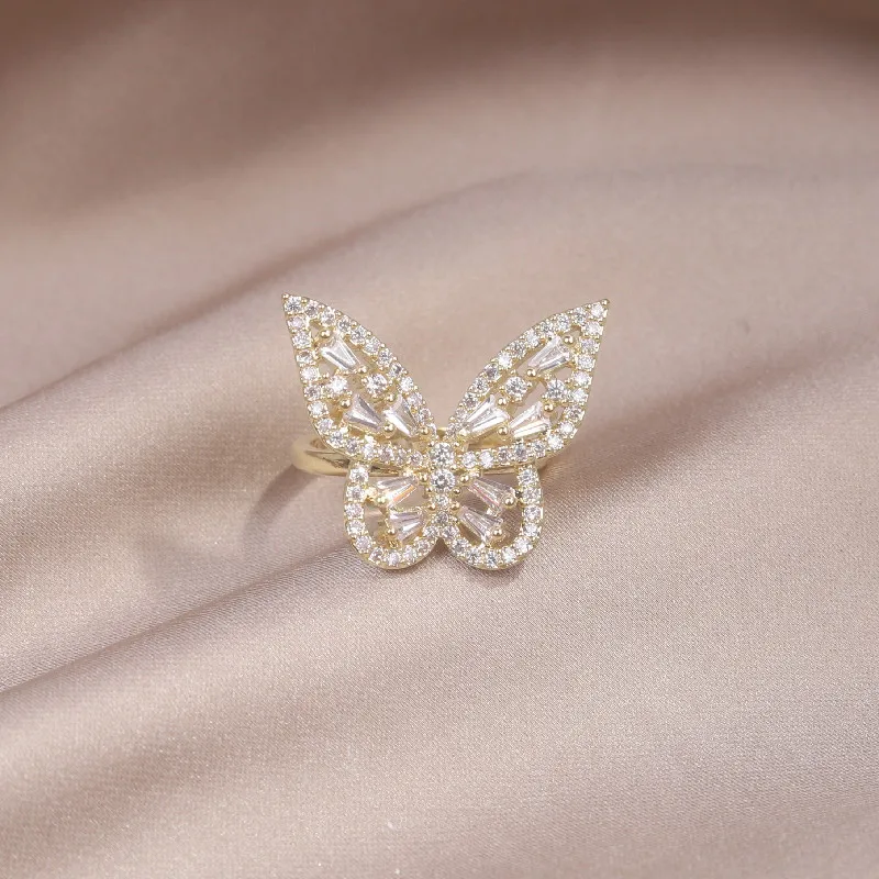 

Korea New Fashion Jewelry 14K Real Gold Plating Luxury Butterfly Zircon Ring Elegant Women's Prom Party Opening Adjustable Ring