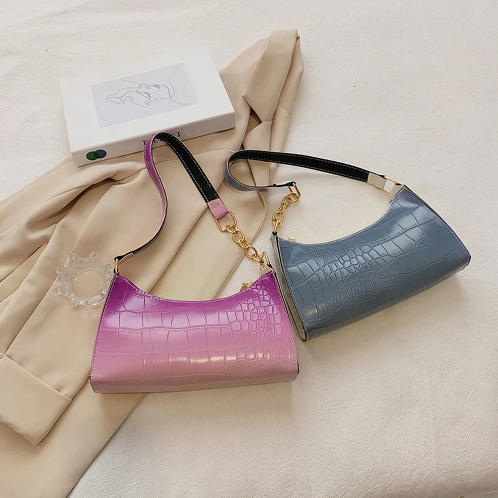 

Female Baguette Handbags with Alligator Pattern Print Designed Tote PU Leather Gradient Color Shoulder Underarm Bags
