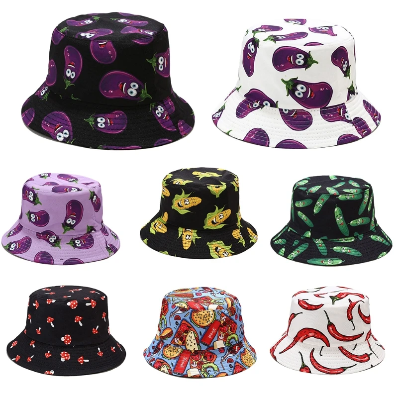 

Unisex Novelty Cartoon Vegetable Eggplant Print Bucket Hat Reversible Harajuku Hip Hop Sunscreen Panama Fisherman Cap