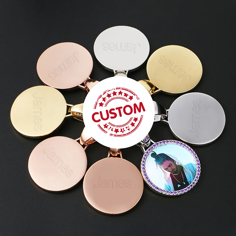 

Purple Crystal Custom Made Photo Medallions Pendant Necklace 4mm Tennis Chain Iced Out Cubic Zircon Men's Hip Hop