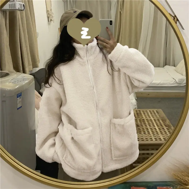 

2021 Зимний Теплый Женский пуловер из овечьей шерсти, однотонный белый плюс бархатная утепленная Повседневная Свободная Женская толстовка с ...