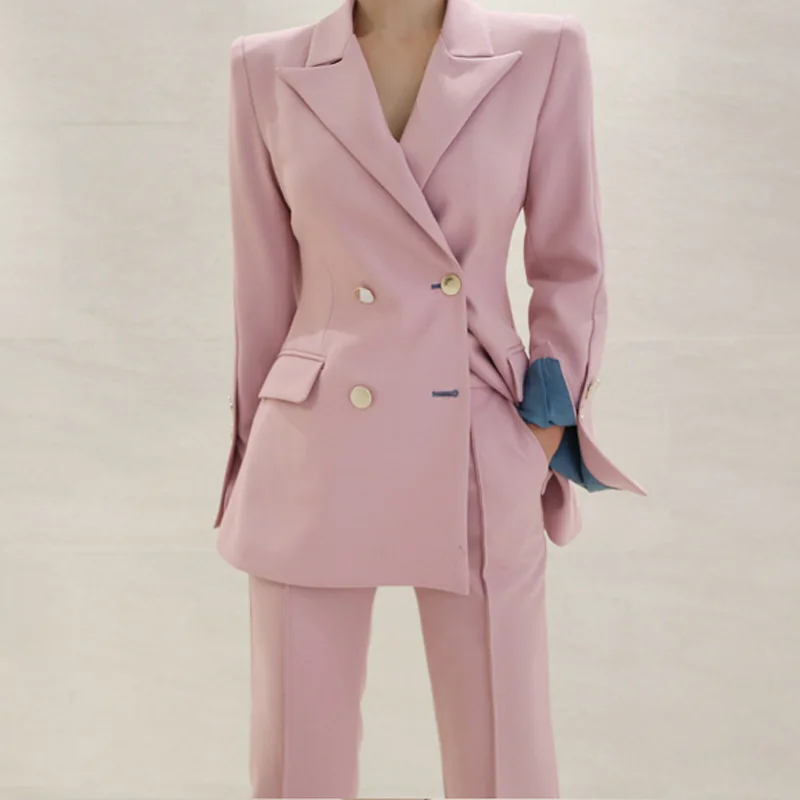 

Women 2021 Fashion With Double-breasted Blazers Coat And Pant Vintage Long Sleeve Back Vents Female Outerwear