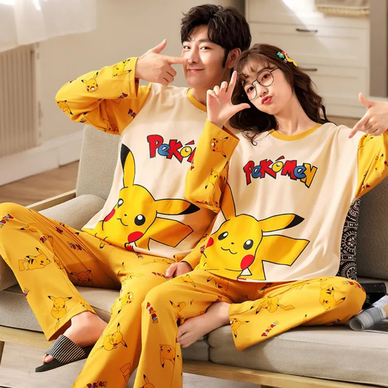 Long Sleeve Couple Matching Pajamas For Men Women Lover Anime Pijama Mujer Korea Casual Sleepwear Lounge Wear 2 Piece Nightgown