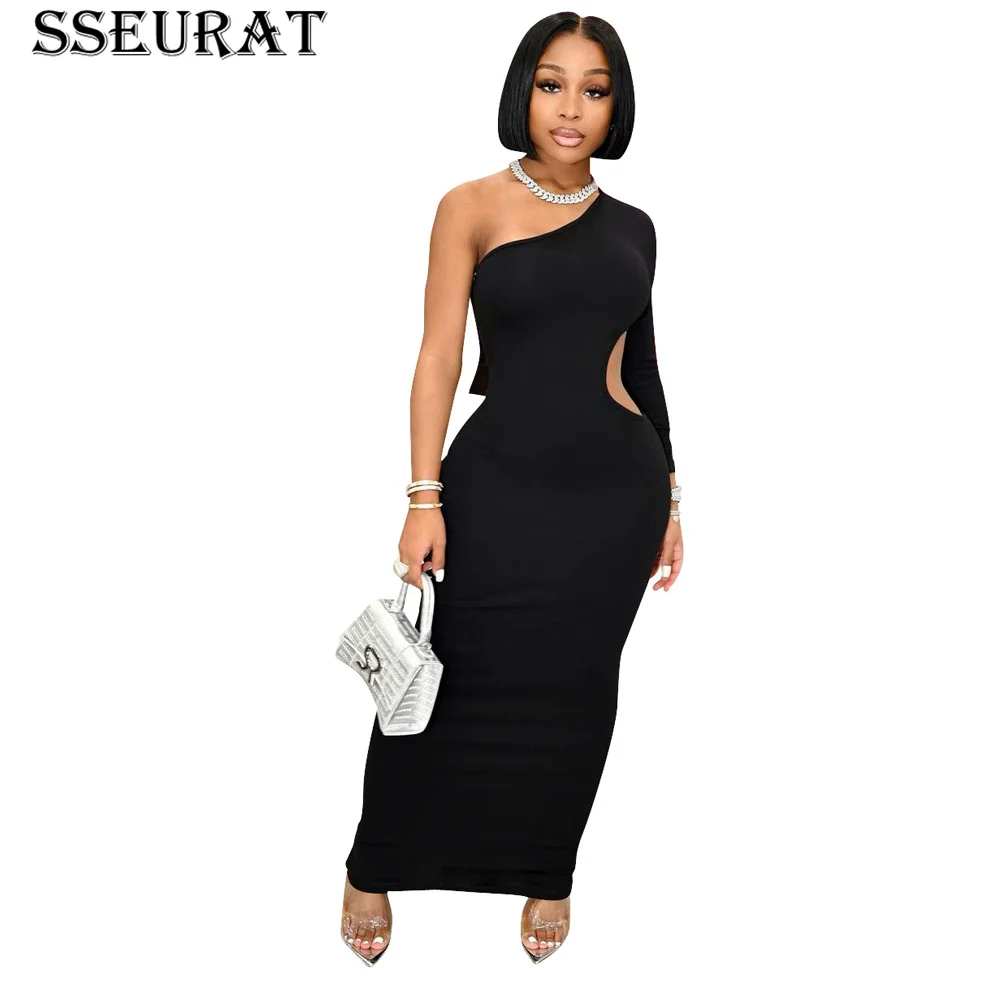 

SSEURAT Women Midi Dress Solid Hole Back Hollow Out Diagonal Collar Sheath Elastic Mid Calf Dresses Sexy Night Dress Summer