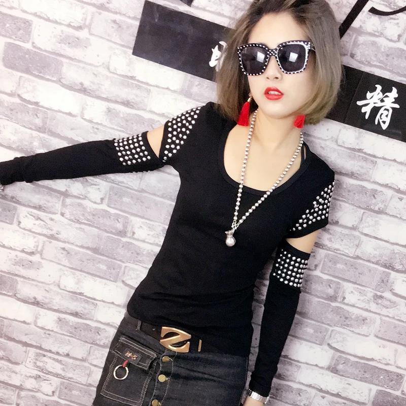 Женские Стразы футболки с длинным рукавом женская футболка бриллиантами топы