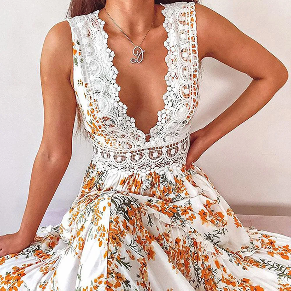 

Bohemian Women Floral Print Party Dresses Summer Casual Sexy Lace Maxi Boho Dress V-Neck Sleeveless Female 2021 New Vestidos