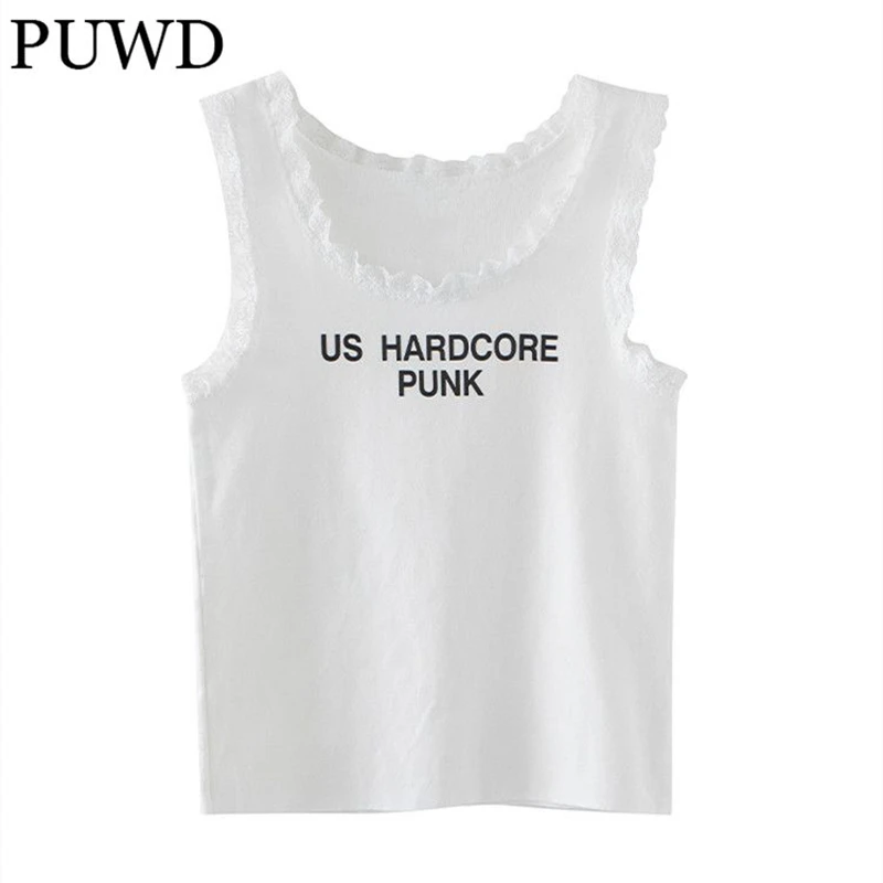 

PUWD Sweet Girls Letter Print Lace Patchwork Tank 2022 Summer Fashion Ladies White Soft Cotton Short Tops Women Chic Crop Top