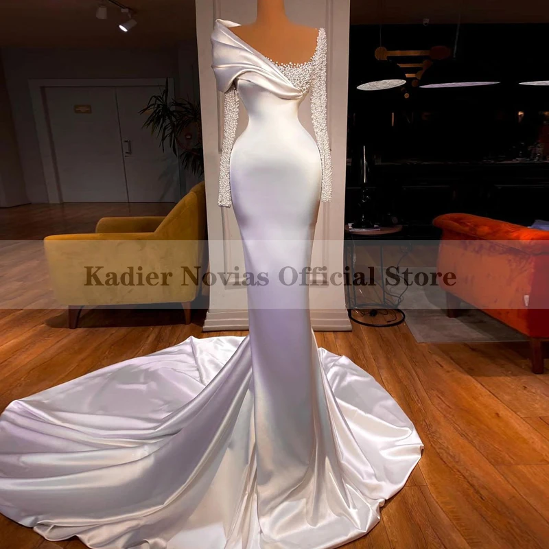 

KADIER NOVIAS Long Sleeve White Satin Mermaid Wedding Dresses 2022 with Pearls Beaded Robe De Mariee