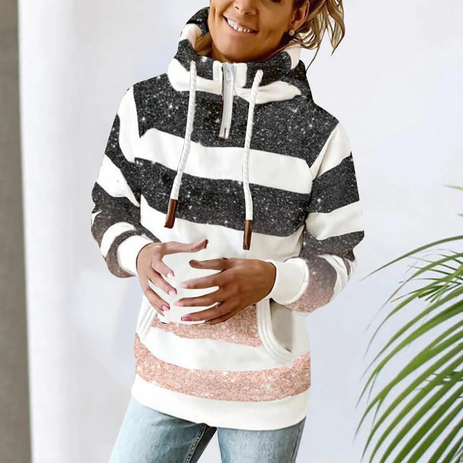 

Женская Осенняя толстовка с капюшоном, модная теплая толстовка составного кроя с винтажным принтом и длинным рукавом, Повседневный пуловер...