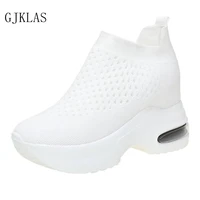 black white platform women shoes casual wedge sneakers new hollow out elastic knitting slip on shoes for women vulcanize shoes