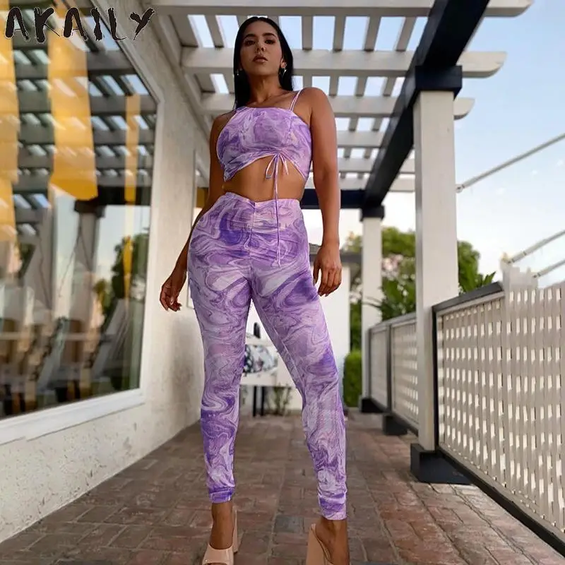

Akaily Summer Mesh Print 2 Two Piece Sets Womens Outfits One Shoulder Drawstring Crop Top Skinny Pants Sets Female Streetwear