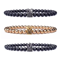 3pcsset obsidian hematite bead bracelet men fashion nature lava stone bracelet women zircon crwon healing bangles reiki jewelry