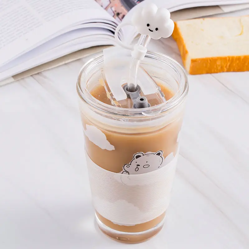 

480ml Glass Water Bottle with Straw Cartoon Clouds Straw Cup Leakproof Portable Drinking Bottle with a Sealing Cap Lid