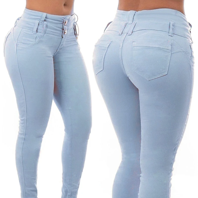 

066F Womens High Waist Skinny Jeans Solid Color Button Zip Fly Bodycon Slim Fit Denim Pencil Pants Ankle Length Stretch Leggings