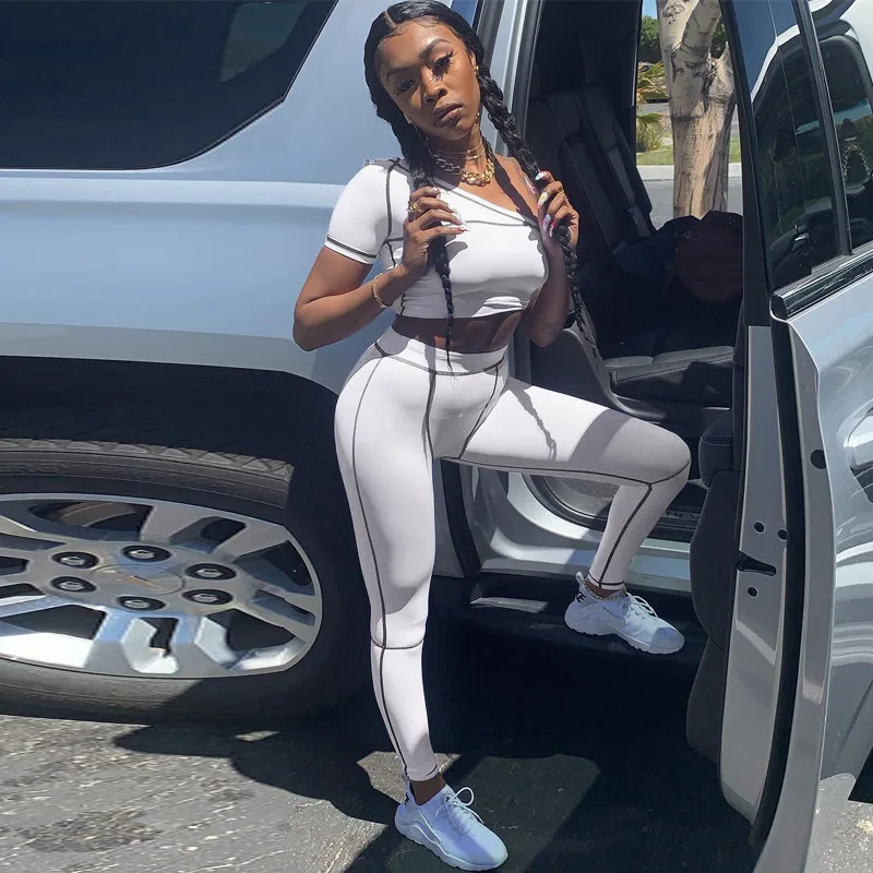 

Fashion One Shoulder Two Piece Set for Fitness Women Crop Top and Leggings Matching Set Ladies 2pcs Set Active Sportswear