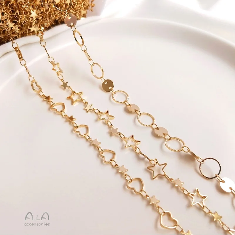 

50 CM/Set Never Fade14K Gold Korean Copper Hand Chain Five-corner Star Love Circle Loose Chain Diy Chain Bracelet Material