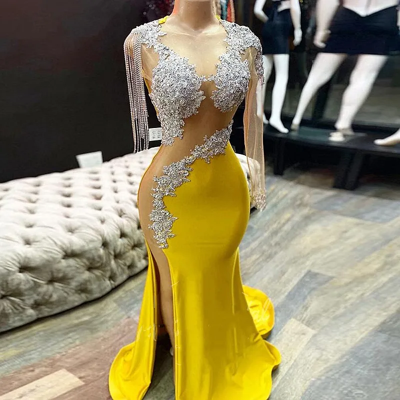 

Yellow perspective one-shoulder sequin applique mermaid sexy prom dress banquet party show host evening dress