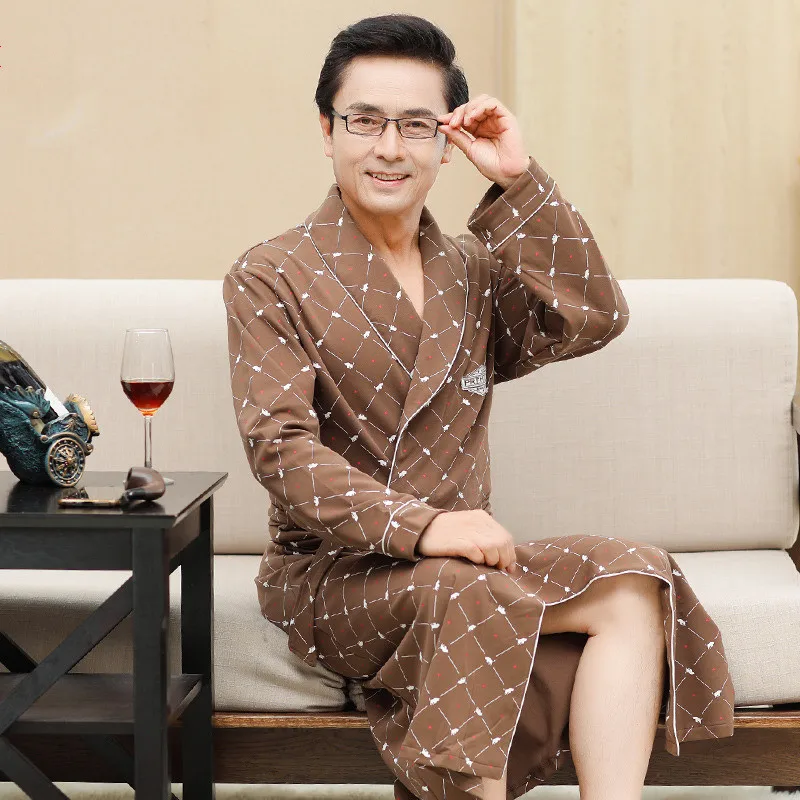 

Nightgown For Men Check Cotton Long Sleeves Robe Male Dressing Gown