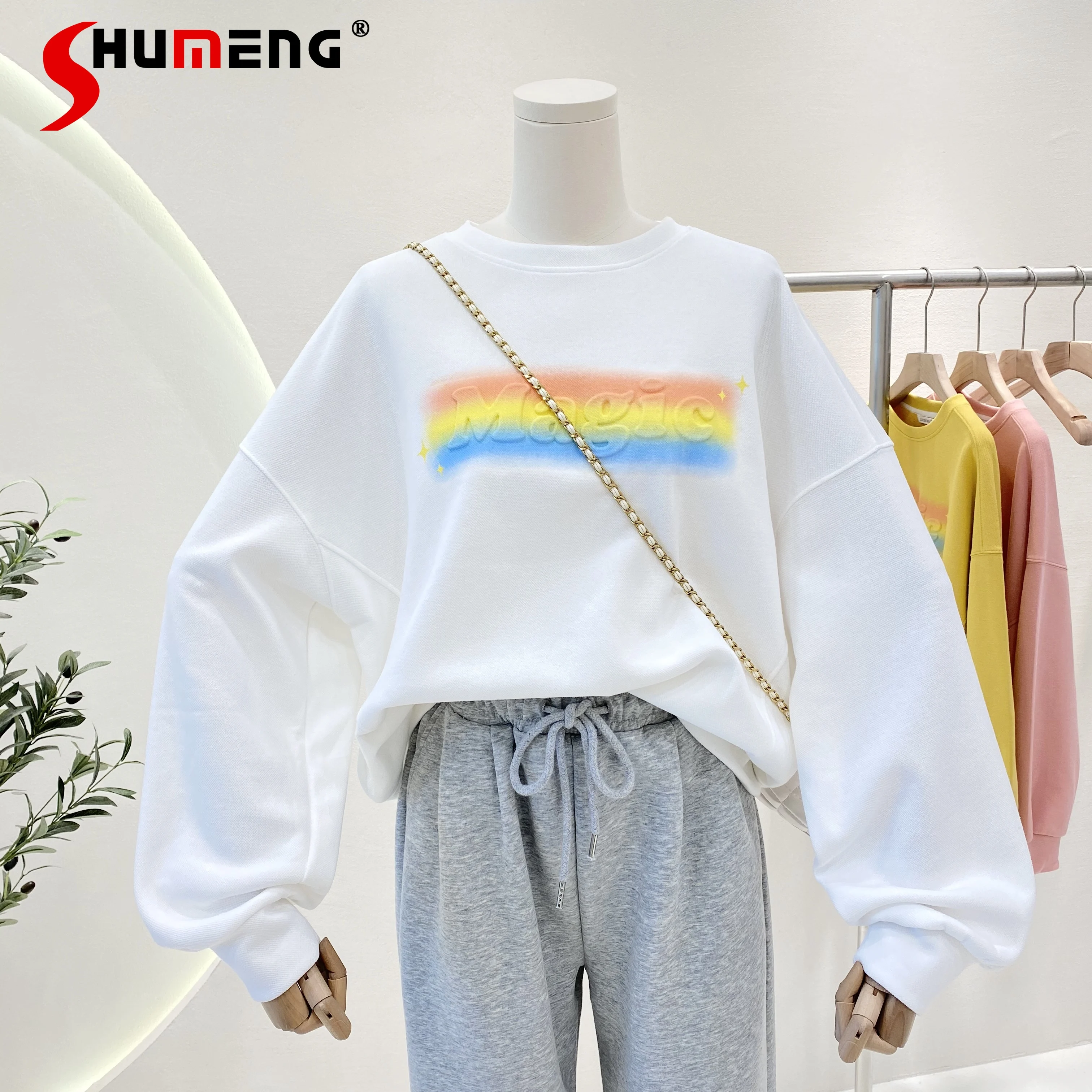 

Fall 2021 New Sweet Rainbow Letters Floral Printed Long Sleeve Hoodies Female Loose-Fitting Casual Round-Neck Sweatshirt Women