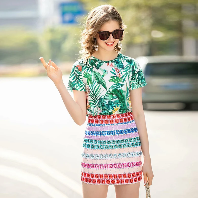 QUALITY New HIGH Fashion 2021 Runway Suit Set Women's Short Sleeve Leaves Print T-shirt Mini Skirt Set