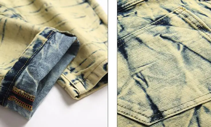High Street Fashion Men Hole Stacked Jeans Motorcycle Pant Ripped Tights Jeans Men Tie dye Denim Pants