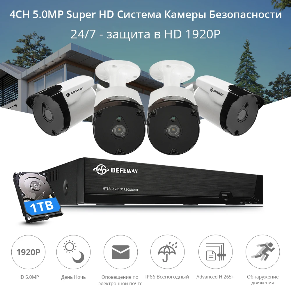 DEFEWAY Video Surveillance 4 Channel HD 5.0MP H.265+ Outdoor Indoor CCTV Security Camera System 4 Camera with 1TB Hard Drive