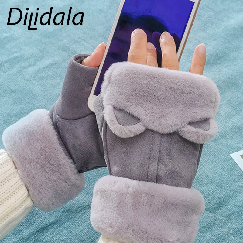 Dilidala милые перчатки с кошачьими ушками на пол пальца студенческие зимние теплые