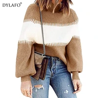 casual striped patchwork turtleneck sweater women autumn winter long sleeve contrast female knitted pullover loose top sweater