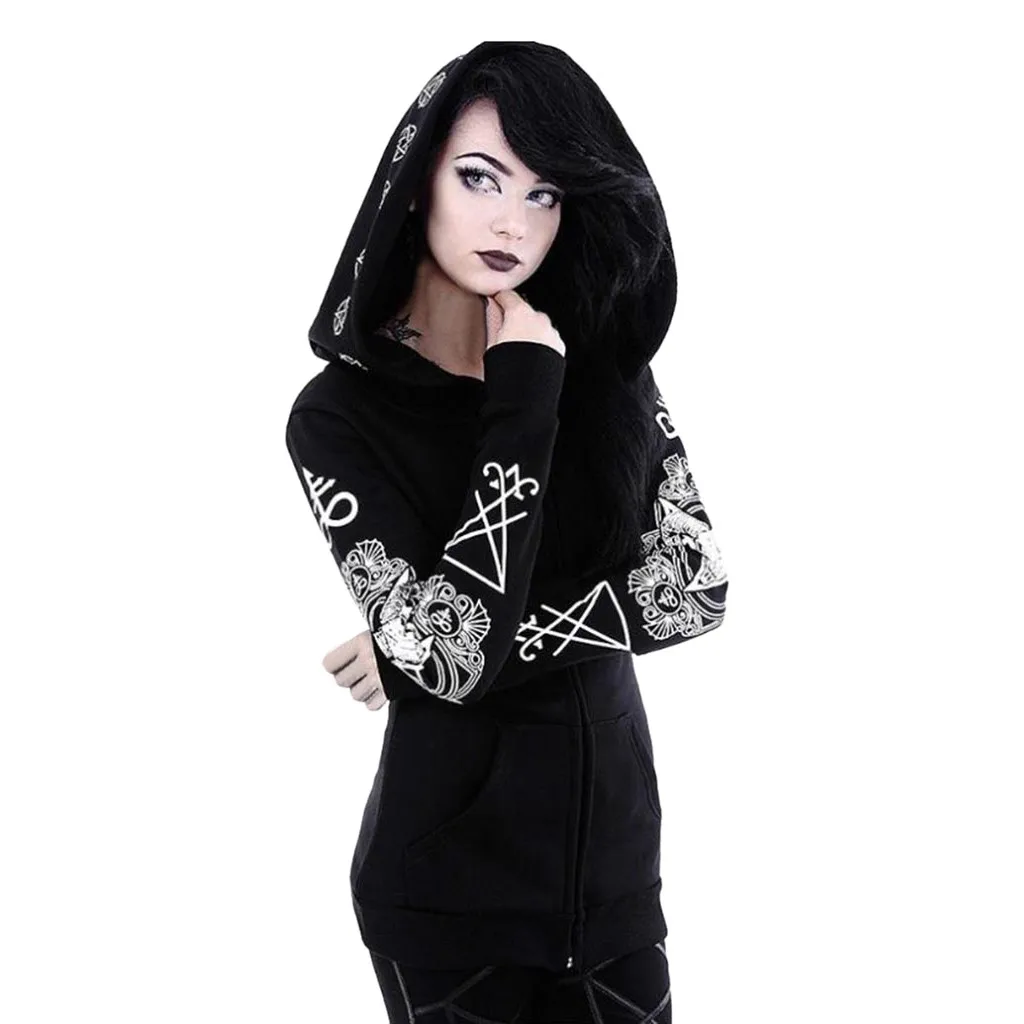 

Black Print Cardigan Hooded Women Plus Gothic Coat Sleeve Punk Size Long Jacket Women's Coat Jacket Coat