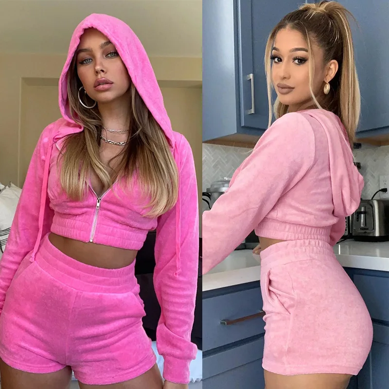 

Sexy Ladies Short Outfits Women Solid Color Crop Top And Outdoor Running Clothing Two Pieces Velvet Set