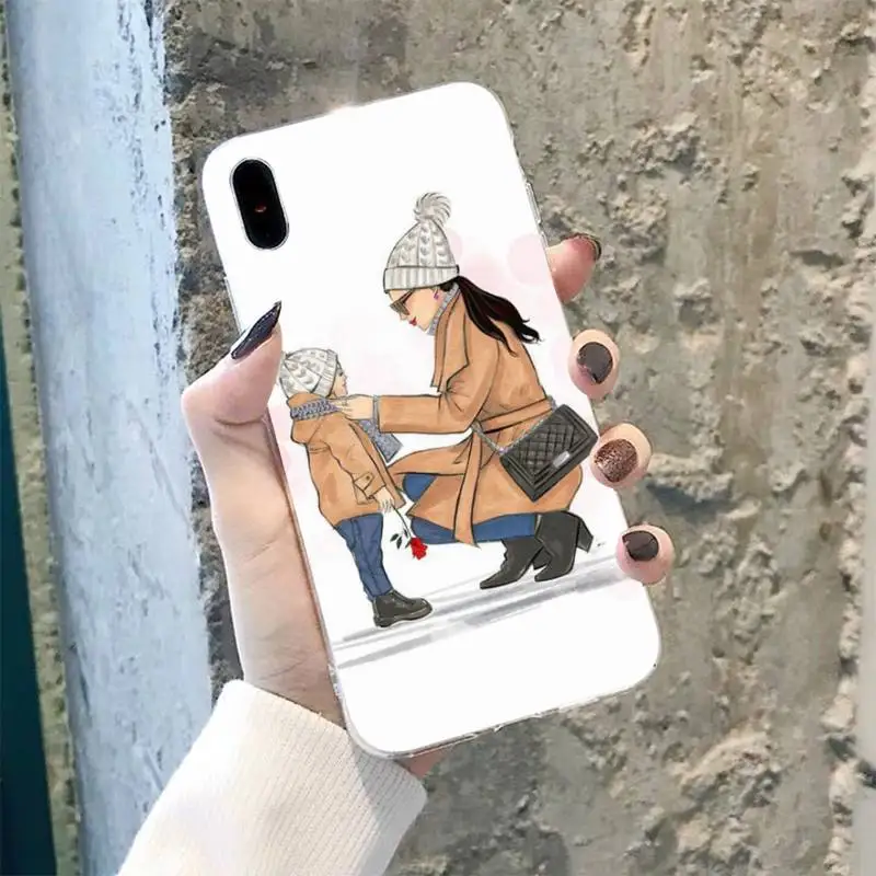 Black Brown Hair Baby Mom daughter Girl Son Dad Phone Case for iphone 13 12 11 pro max 8 7 6 6S Plus X 5S SE 2020 XR XS MAX